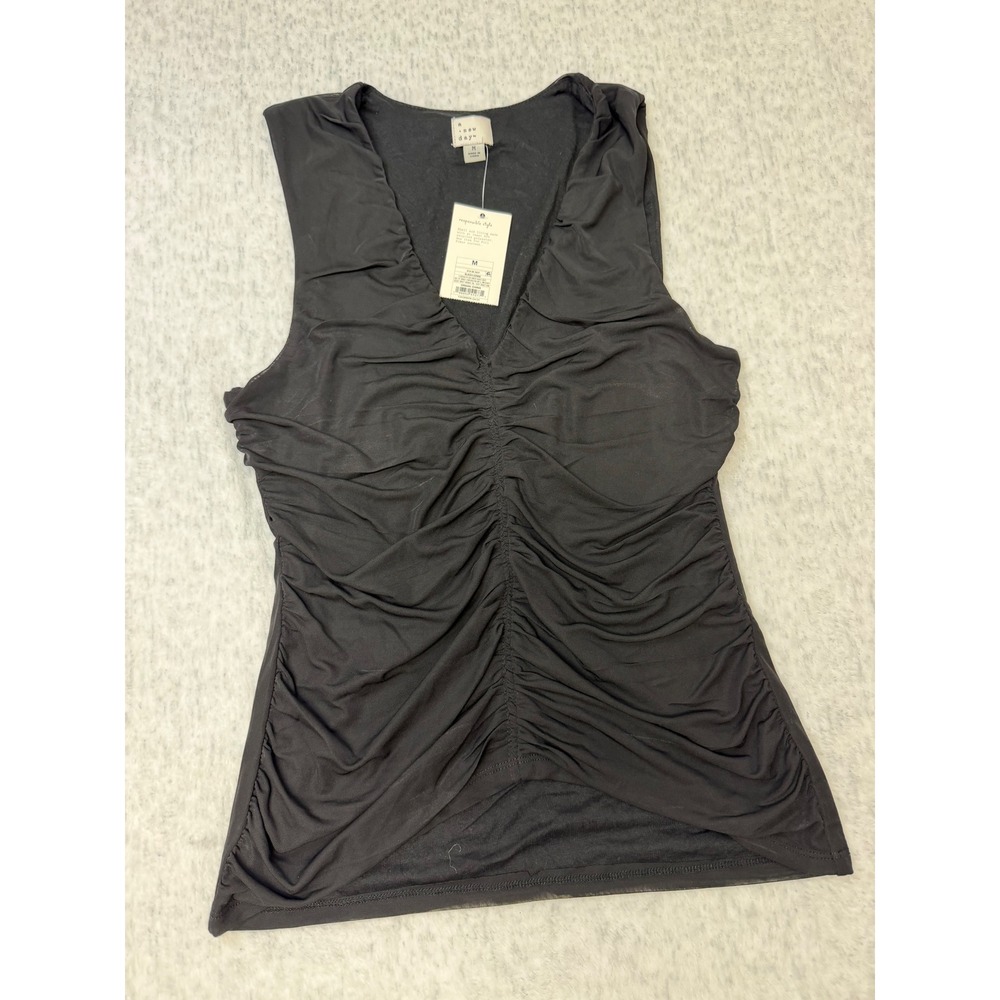 A New Day Womens Ruched‎ Mesh V-Neck Sleeveless Tank Top Black Size M NWT